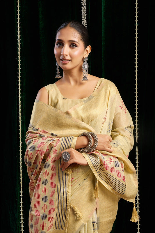 Cream Lightweight Spun Cotton Saree with Zari Border – Elegant Daily & Office Wear Saree