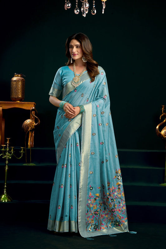 Aqua Blue Fancy Work Cotton Classic Designer Saree – Elegant Daily Wear & Festive Saree