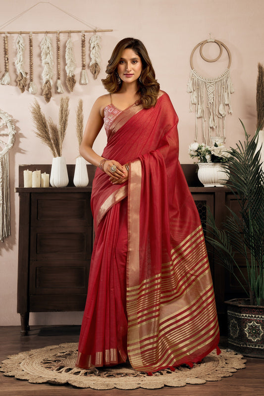 Red Khadi Cotton With Brocade Blouse & Zhallar Saree With Blouse Piece