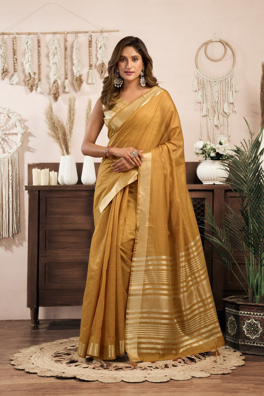 Yellow Khadi Cotton With Brocade Blouse & Zhallar Saree With Blouse Piece
