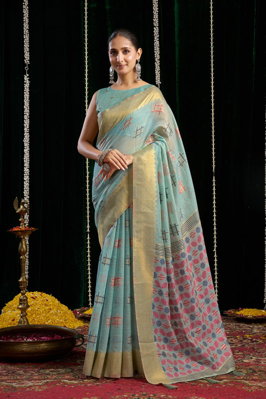 Blue Lightweight Spun Cotton Saree with Zari Border – Elegant Daily & Office Wear Saree