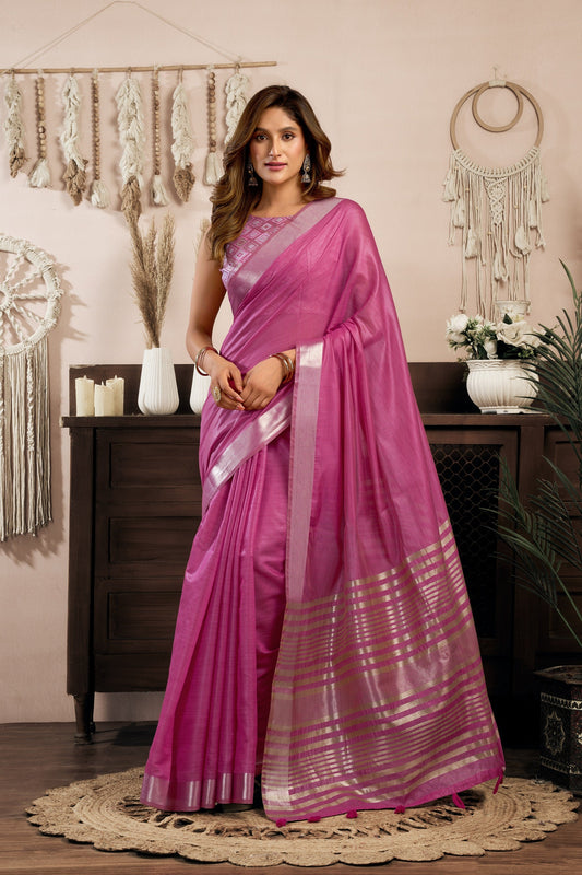Pink Khadi Cotton With Brocade Blouse & Zhallar Saree With Blouse Piece