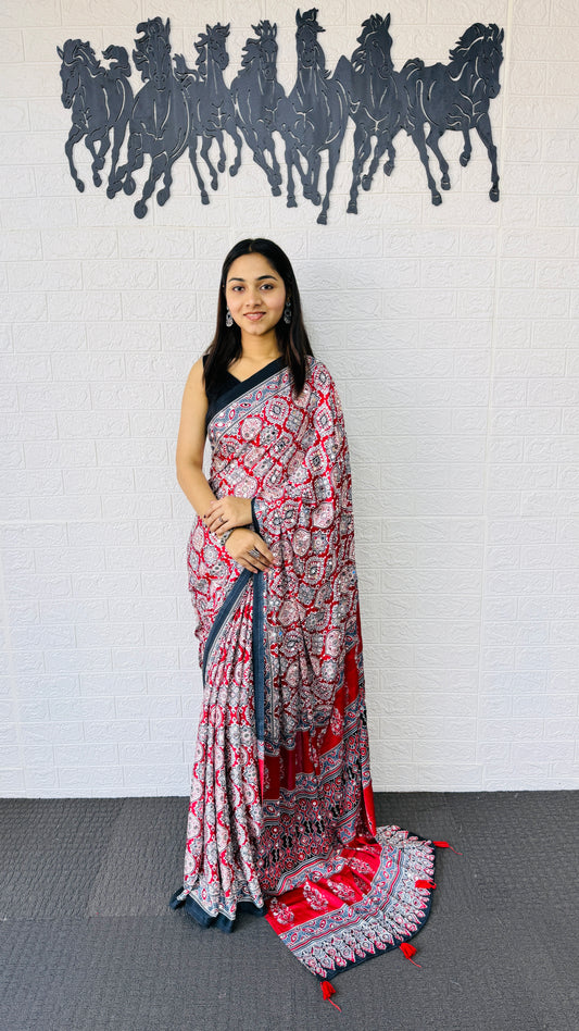 Red Semi Gajji Silk Ajrakh Rich Pallu With Contrast Blouse Saree