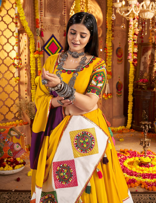 Musterd Yellow Viscose Cotton Premium Navratri Lehenga Choli