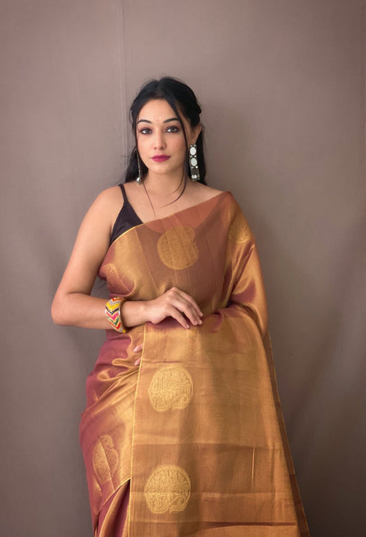 Brown Zari Woven Tissue Silk Sarees With Chit Pallu