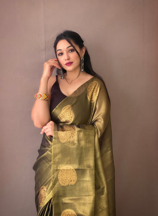 Dark Green Zari Woven Tissue Silk Sarees With Chit Pallu