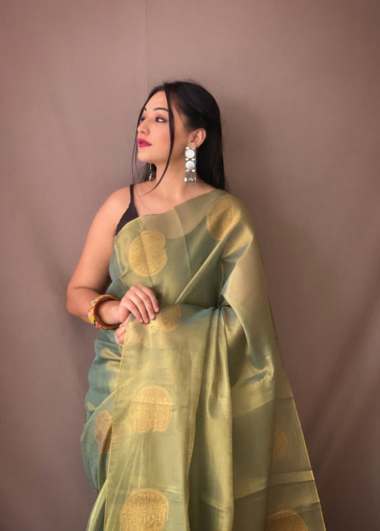 Light Green Zari Woven Tissue Silk Sarees With Chit Pallu