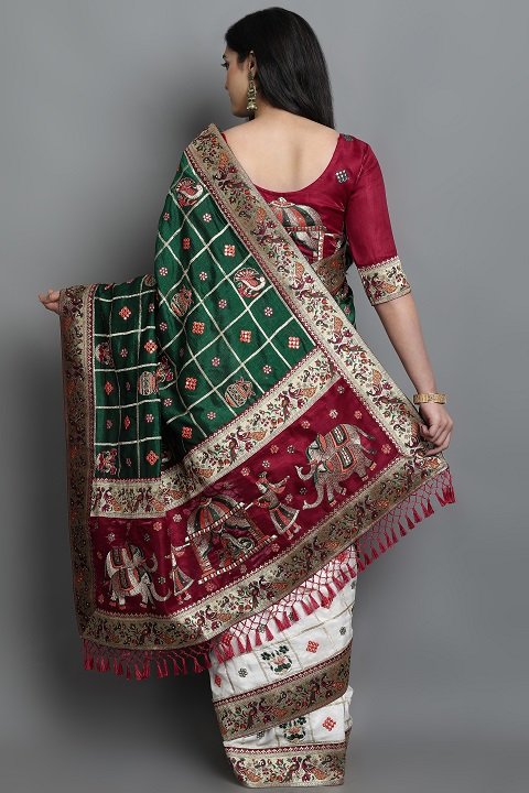 Patola Silk Saree | White, Bottle Green, Red Panetar Wedding Saree | Doli Design Saree