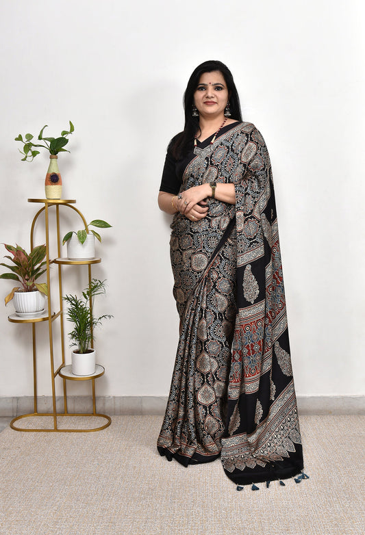 Black Ajrakh Printed Semi Gaji Silk Saree