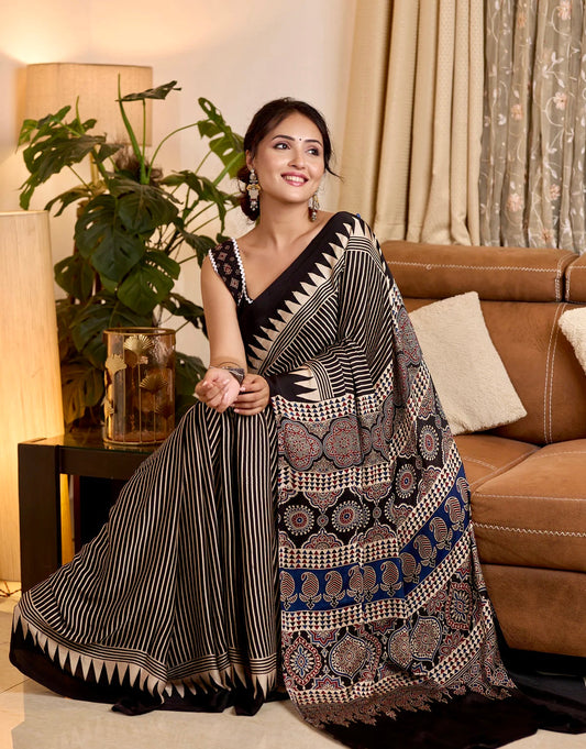 Ajrakh Printed Soft Modal Silk Natural Print Saree