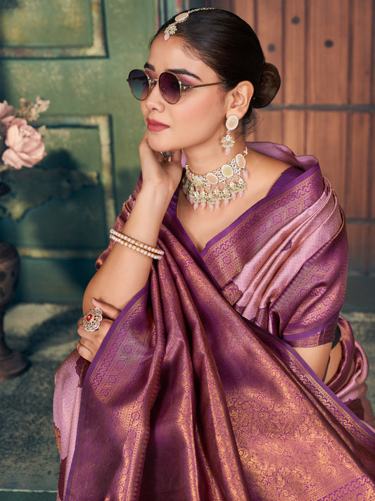 Light Pink Soft Banarasi Silk With Gold Zari Weaving With Zhallar Saree With Blouse Piece