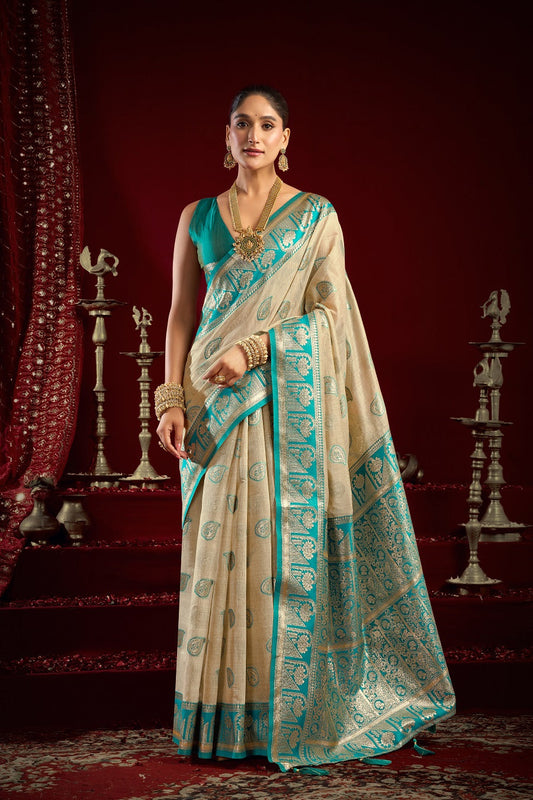 Beige Fancy Modal Banarasi Zari Saree with Premium Zhallar Border – Designer Festive Party Wear Saree