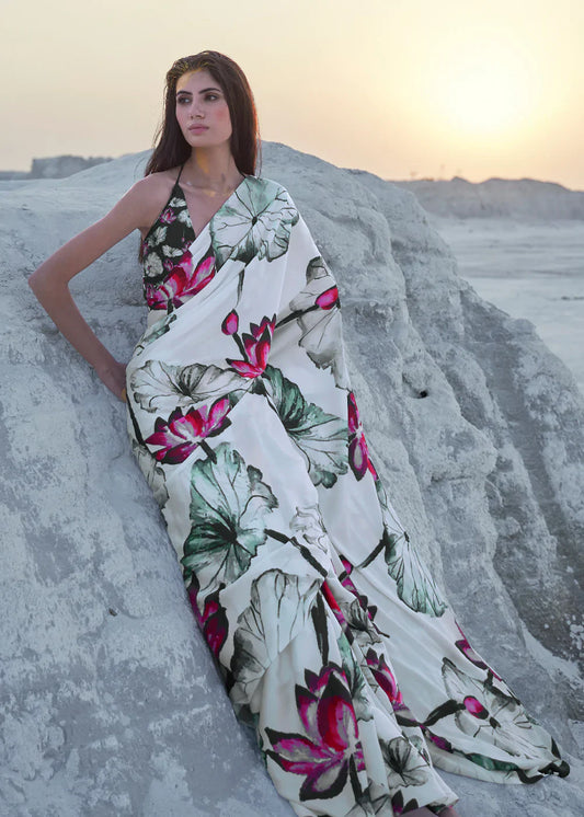 Daisy White Color Polka Dot Pure Sattin Crepe Saree And Digital Print Blouse