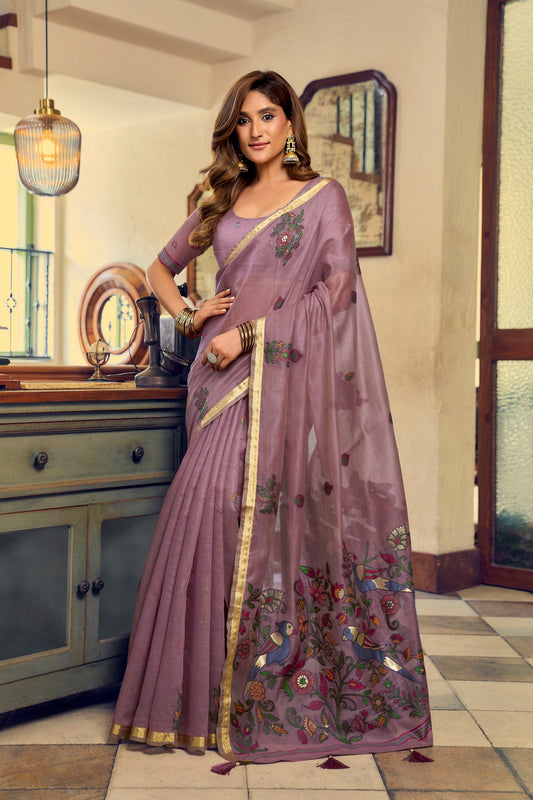 Mauve Kolkata Cotton Saree with Litchi Work & Fancy Tassels