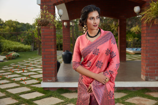 Dark Pink Color Womens Wear Banarsai Weaving Silk Designer Saree