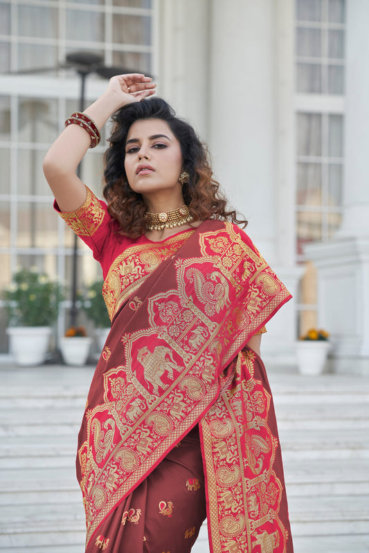 Brown Soft Banarasi With Zari Weaving Silk Saree