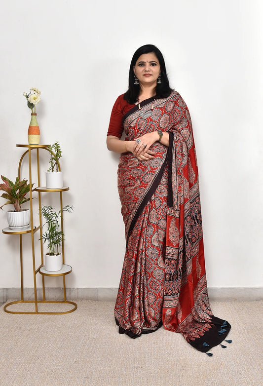 Red Ajrakh Printed Semi Gaji Silk Saree