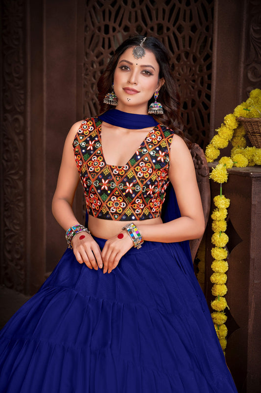 Royal Blue French Crape Navratri Lehenga Choli with Traditional Kutchi Embroidery & Mirror Work
