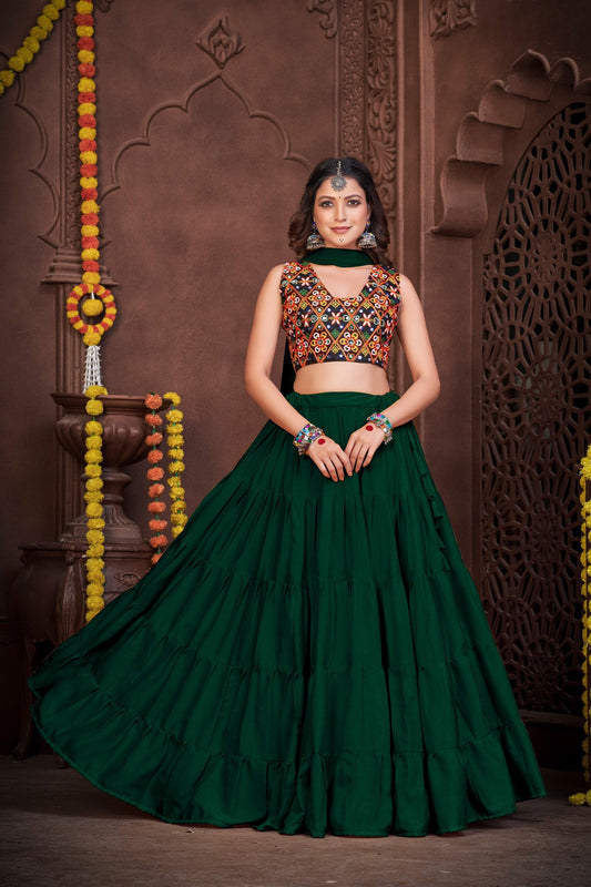 Bottle Green French Crape Navratri Lehenga Choli with Traditional Kutchi Embroidery & Mirror Work