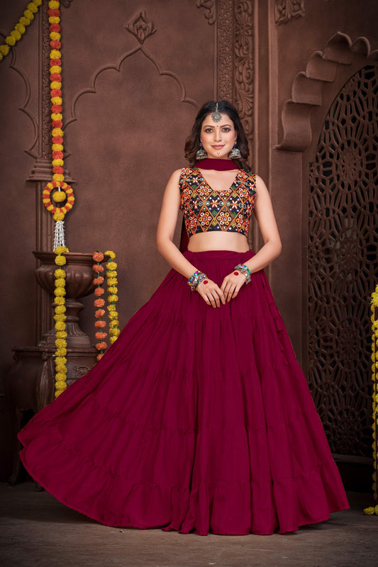 Maroon French Crape Navratri Lehenga Choli with Traditional Kutchi Embroidery & Mirror Work