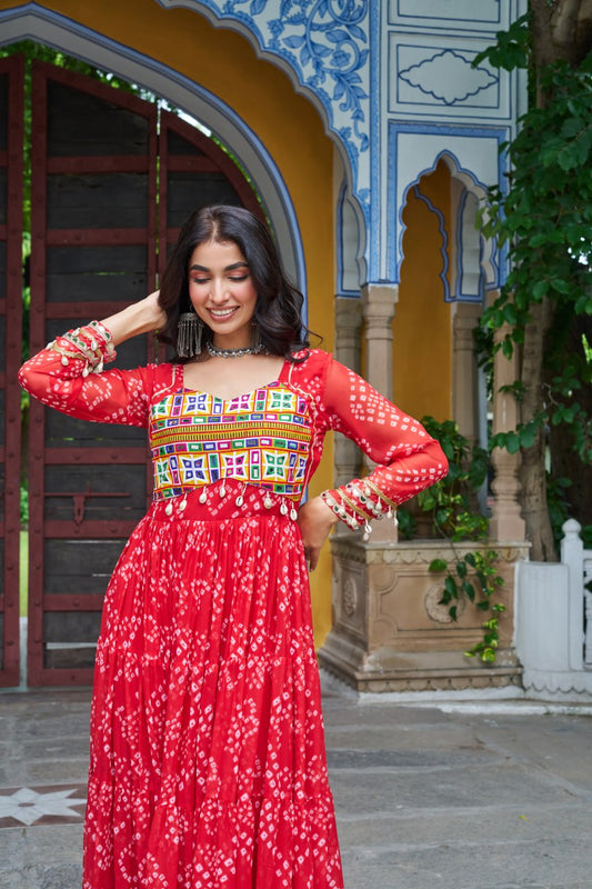 Red Bandhani Print Work With Kutchi Patchework Navratri Gown