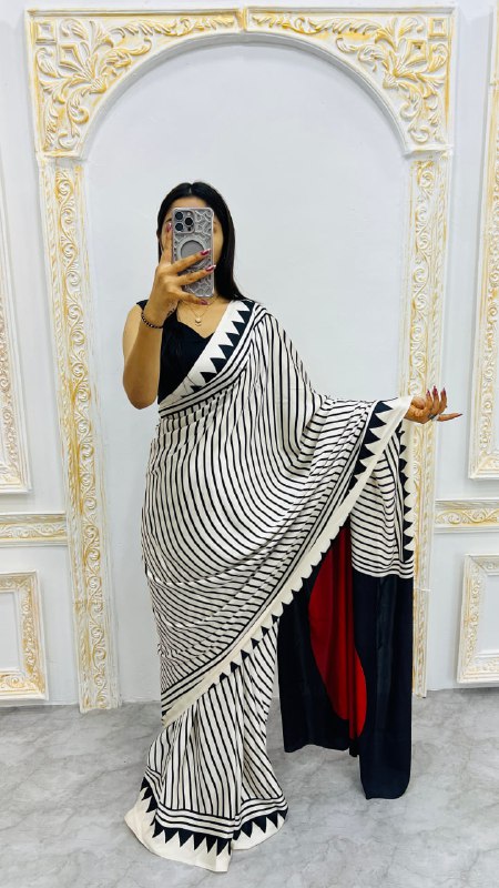 Off White Ajrakh Rich Pallu With Contrast Blouse Saree