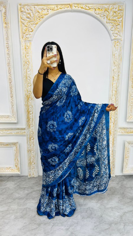 Blue Print Border With Rich Pallu With Contrast Blouse Saree