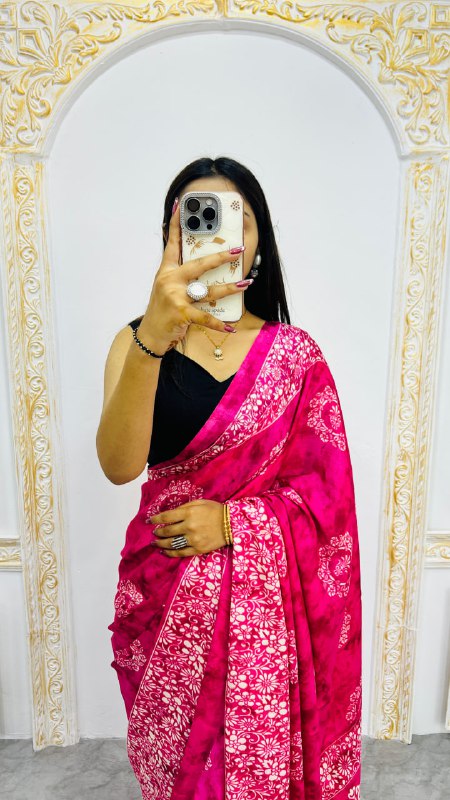 Pink Print Border With Rich Pallu With Contrast Blouse Saree
