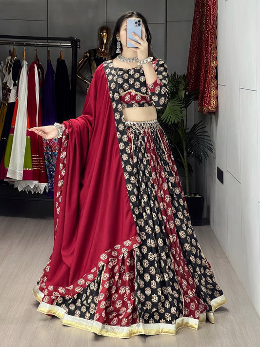 Black & Maroon Navratri Lehenga Choli - Pure Rayon Cotton Ajrakh Print Kali with Gota Patti Border