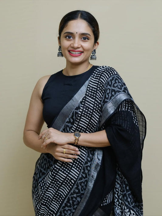 Black Soft Lilan Cotton Digital Print Trending Saree