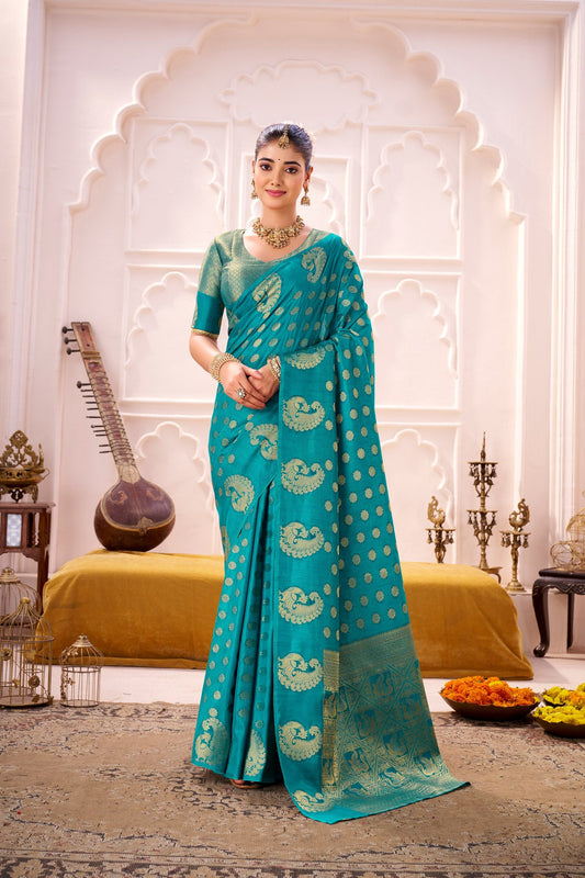 Firozi Roop Silk Saree with Rich Zari Weaving Work & Designer Border