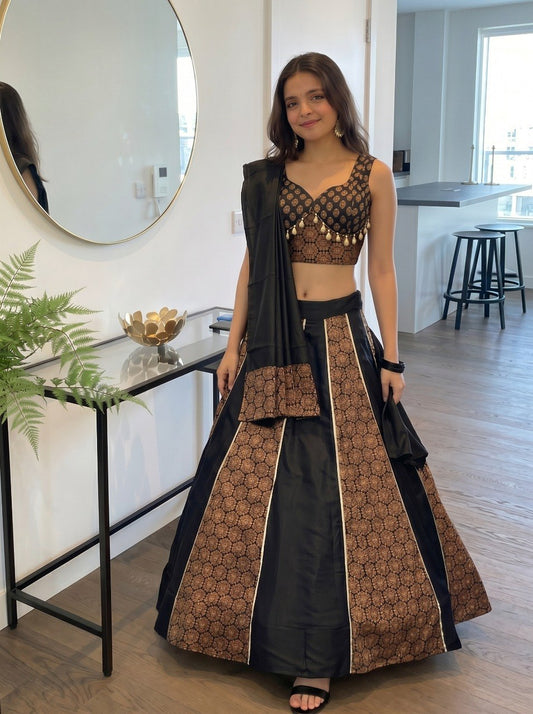 Ready to Wear Black Navratri Lehenga Choli - Cotton Ajrakh Print with Cowrie Shell & Stitched Blouse