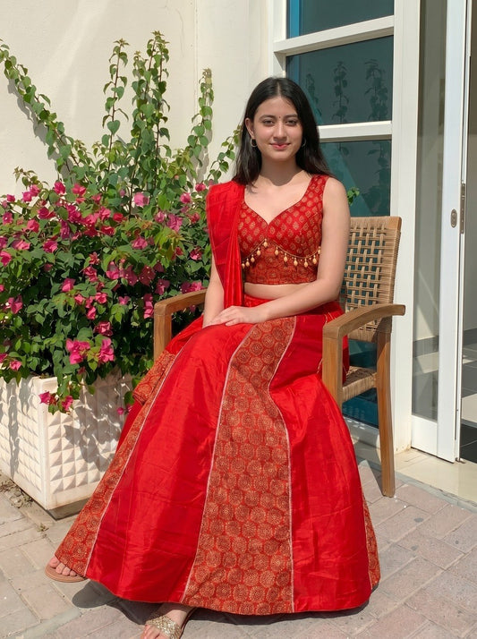 Ready to Wear Red Ajrakh Print Navratri Lehenga Choli - Cotton with Cowrie Shell & Stitched Blouse