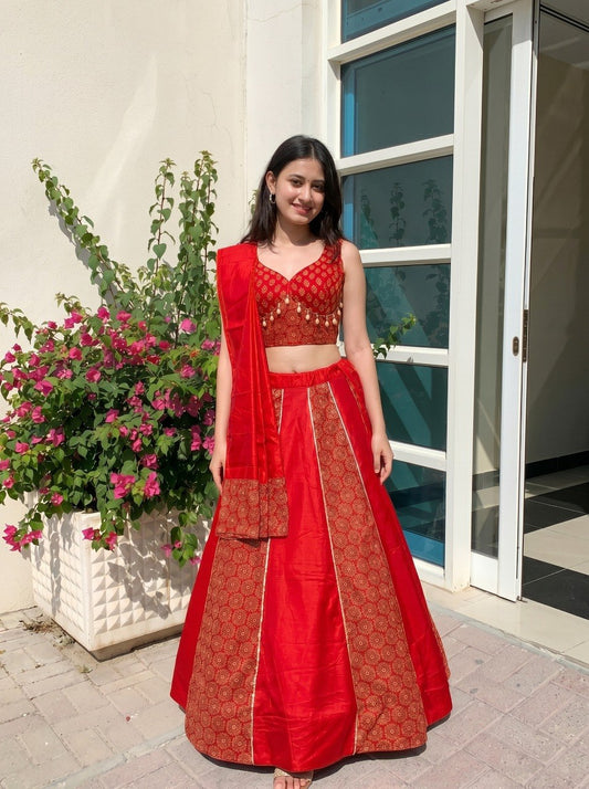 Ready to Wear Red Ajrakh Print Navratri Lehenga Choli - Cotton with Cowrie Shell & Stitched Blouse