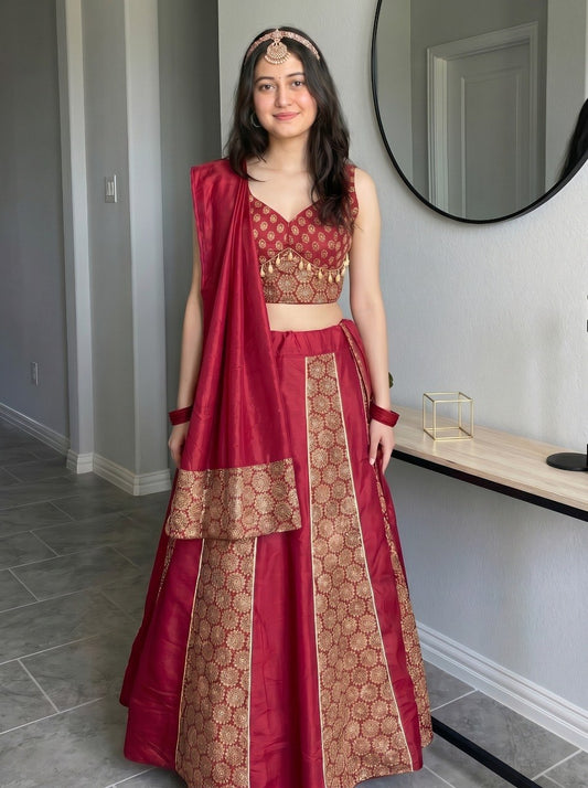 Ready to Wear Maroon Navratri Lehenga Choli - Cotton Brocade Print with Gold Tassel & Stitched Blouse