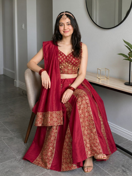 Ready to Wear Maroon Navratri Lehenga Choli - Cotton Brocade Print with Gold Tassel & Stitched Blouse