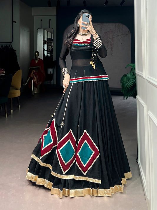 Black Designer Navratri Lehenga Choli - Marble Fabric with Diamond Patch, Gold Lace & Cowrie Bell Detailing