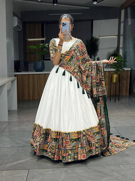 White & Green Navratri Lehenga Choli - Pure Rayon Cotton with Printed Patch Work & Foil Border