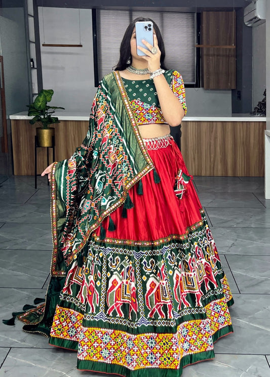 Red & Green Designer Navratri Lehenga Choli - Dola Silk with Patola Paithani Print, Mirror Work & Gamthi Border