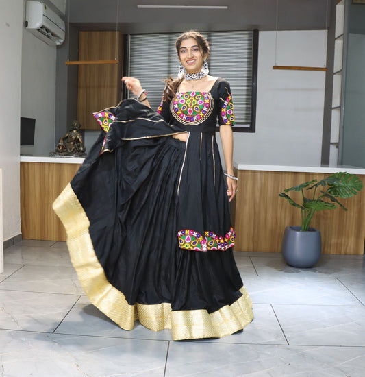 Black Designer Navratri Lehenga Choli - Pure Rayon Cotton with Kutchi Patch Embroidery & Golden Zari Border