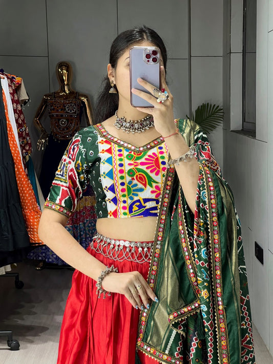 Red & Green Designer Navratri Lehenga Choli - Dola Silk Patola Print with Gamthi Border & Paper Mirror Daaman