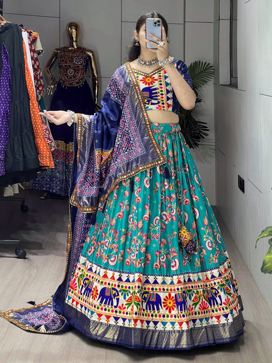 Teal & Navy Blue Designer Navratri Lehenga Choli - Dola Silk Floral Print with Traditional Kutchi Work Border