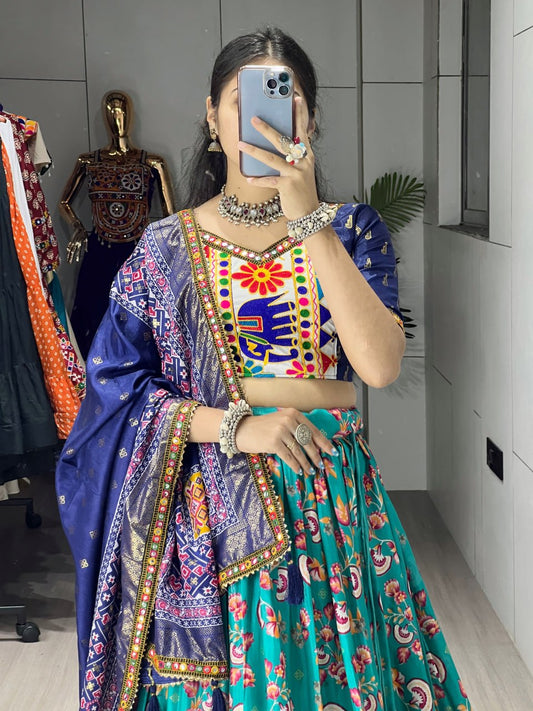 Teal & Navy Blue Designer Navratri Lehenga Choli - Dola Silk Floral Print with Traditional Kutchi Work Border