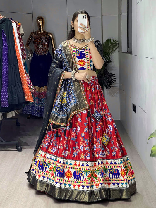 Red & Black Designer Navratri Lehenga Choli - Dola Silk Floral Print with Traditional Kutchi Work Border