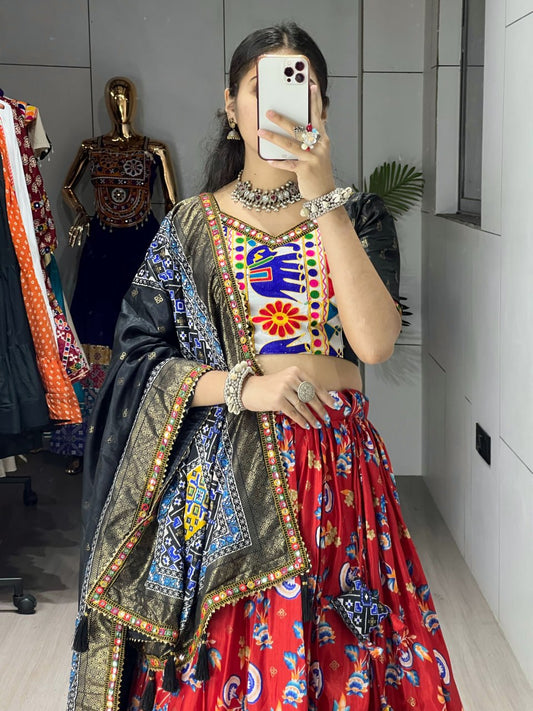 Red & Black Designer Navratri Lehenga Choli - Dola Silk Floral Print with Traditional Kutchi Work Border