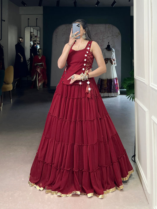 Maroon Designer Navratri Lehenga Choli - Feather-Light Tiered Flare with Mirror Work & Gold Lace