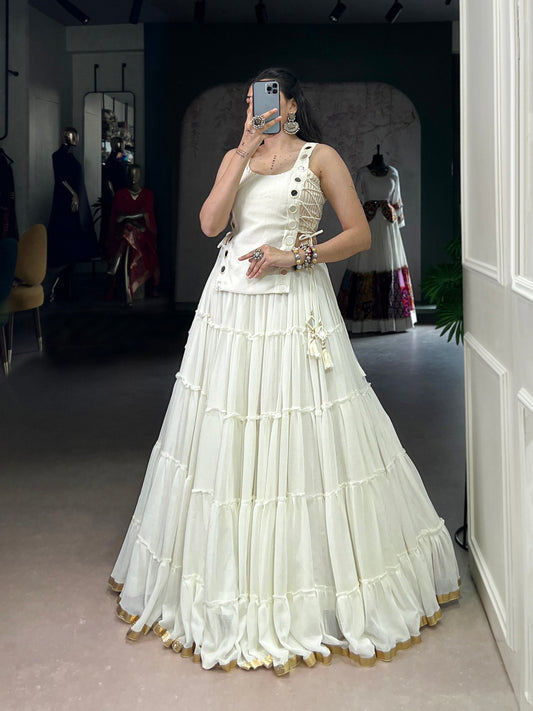 Off-White Designer Navratri Lehenga Choli - Feather-Light Tiered Flare with Mirror Work & Gold Lace