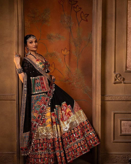 Black Digital Print Real Mirror Work Navratri Lehenga Choli