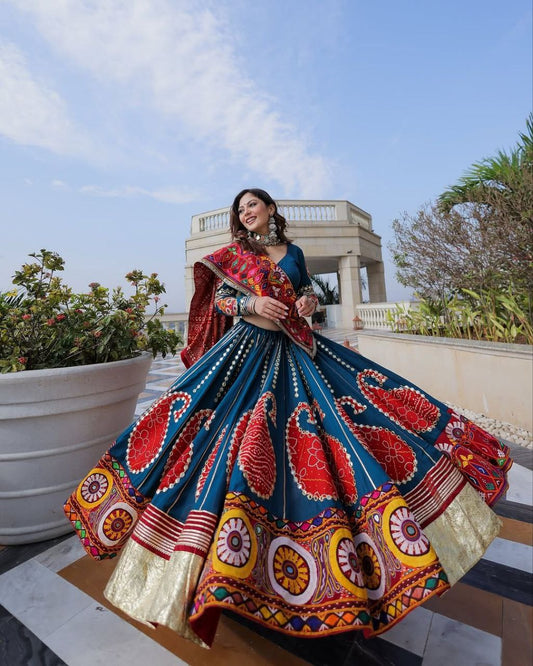Blue Digital Print Real Mirror Work Navratri Lehenga Choli
