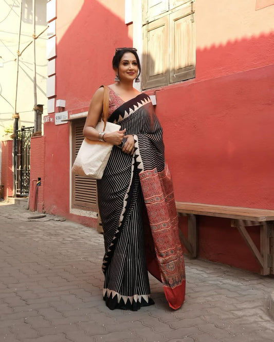 Black Gajji Silk Ajrakh Print Border With Ajrakh Rich Pallu Saree